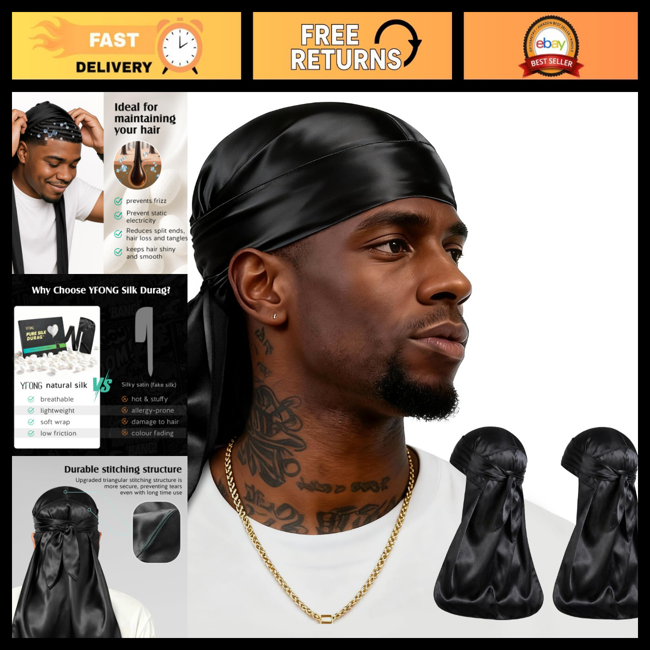 100% Mulberry Silk Durag for Men & Women, 22 Momme Soft Hair Care Headwrap