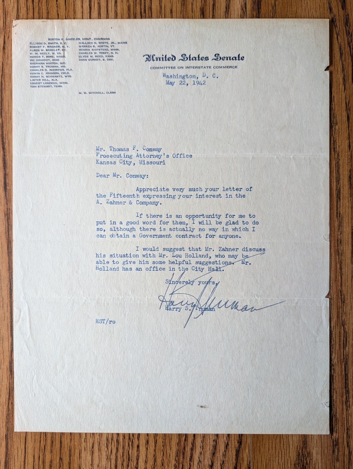 HARRY S. TRUMAN 33rd President SIGNED United States Senate 1942 Letter with COA
