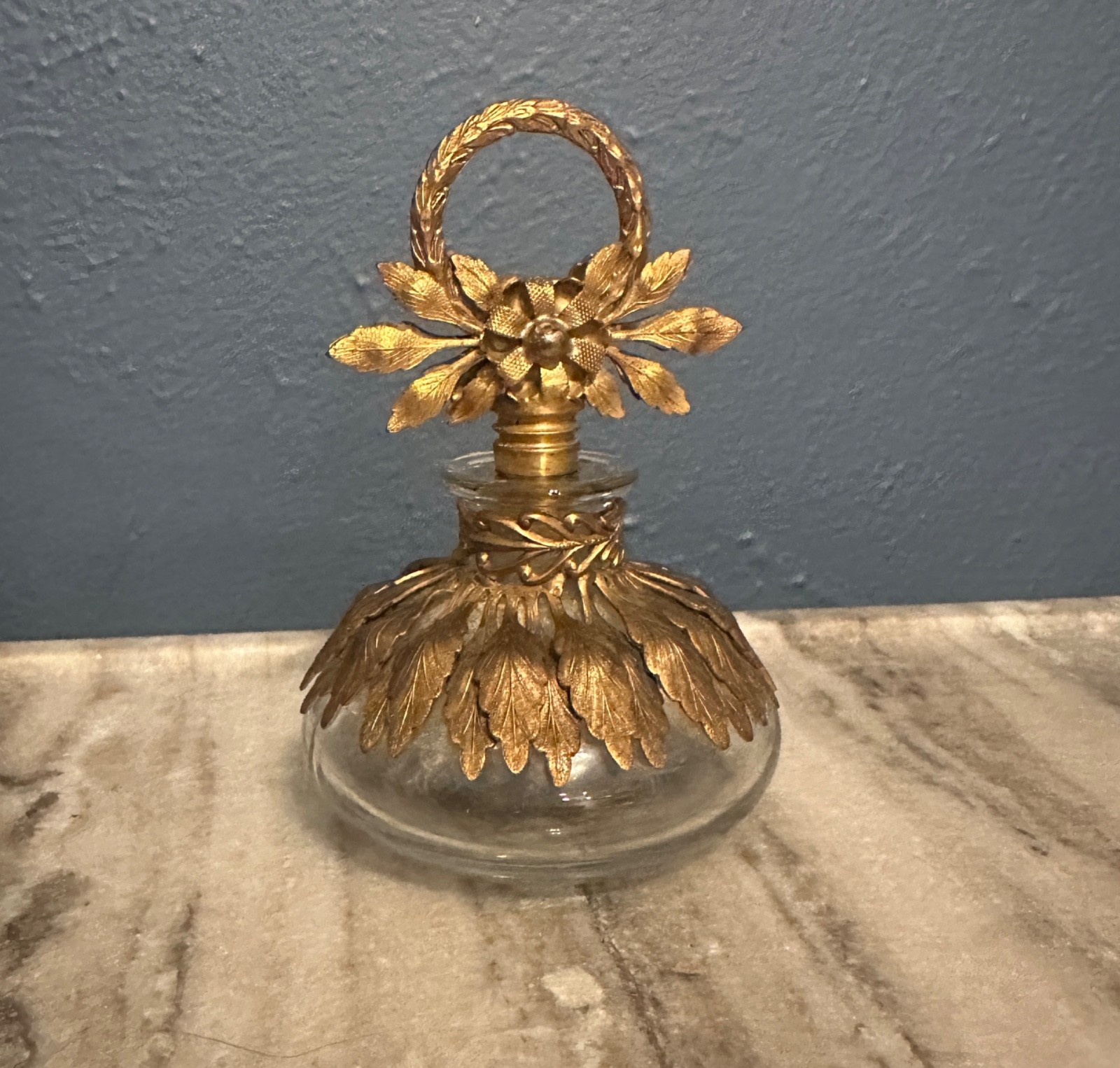 Vintage gold-plate Ormolu Leaf Decorated Glass Perfume Bottle