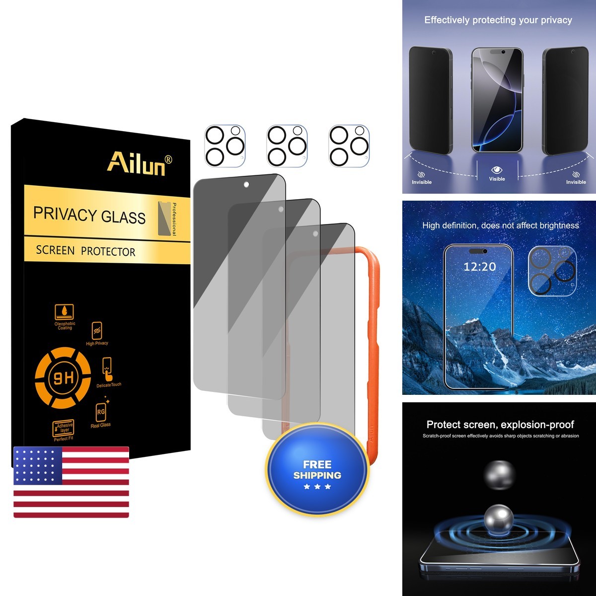 Ailun Privacy Screen Protector Camera Lens Protector for iPhone 16 Pro Max