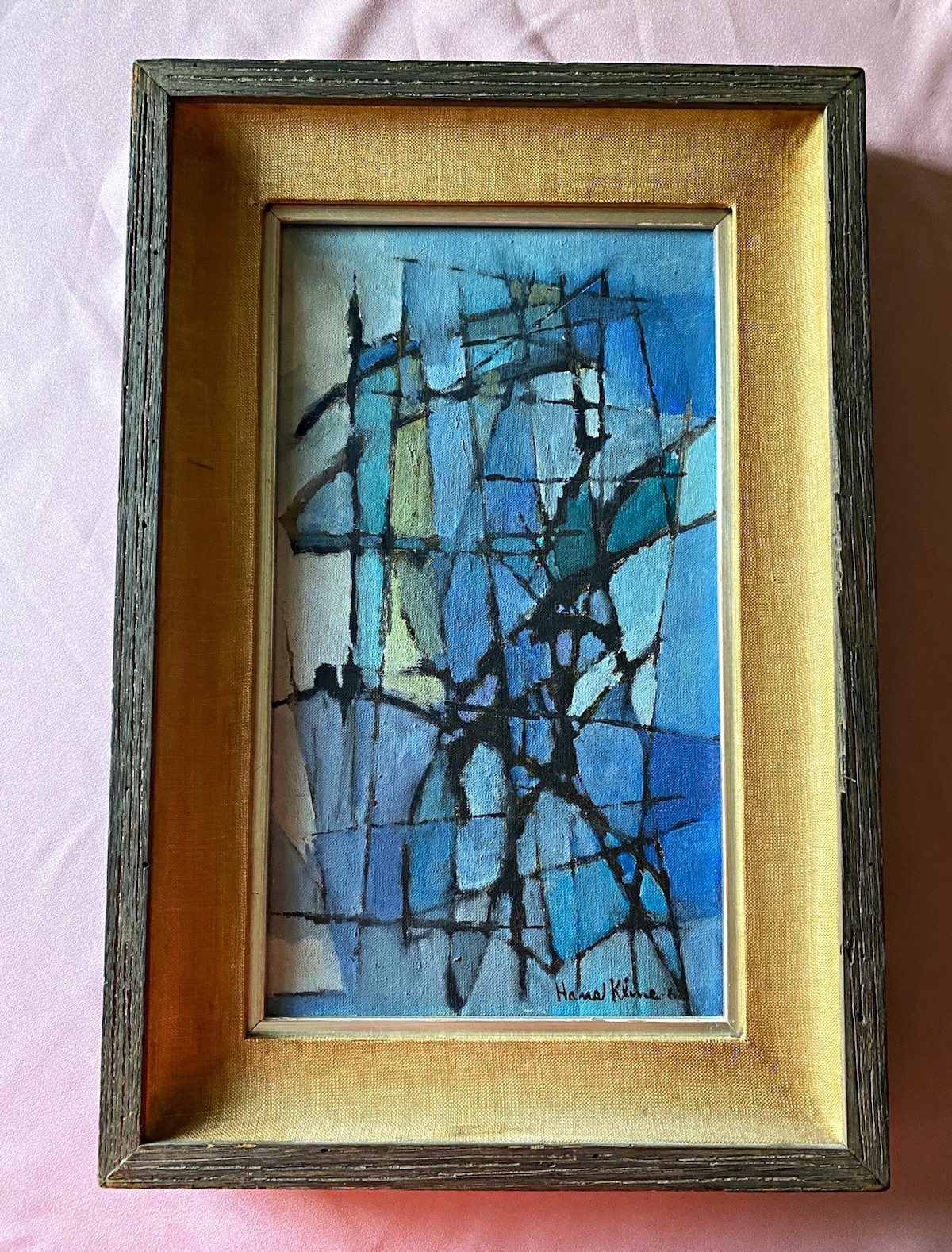 Hans Kline Midcentury Abstract Blue Original Canvas Painting Signed Framed