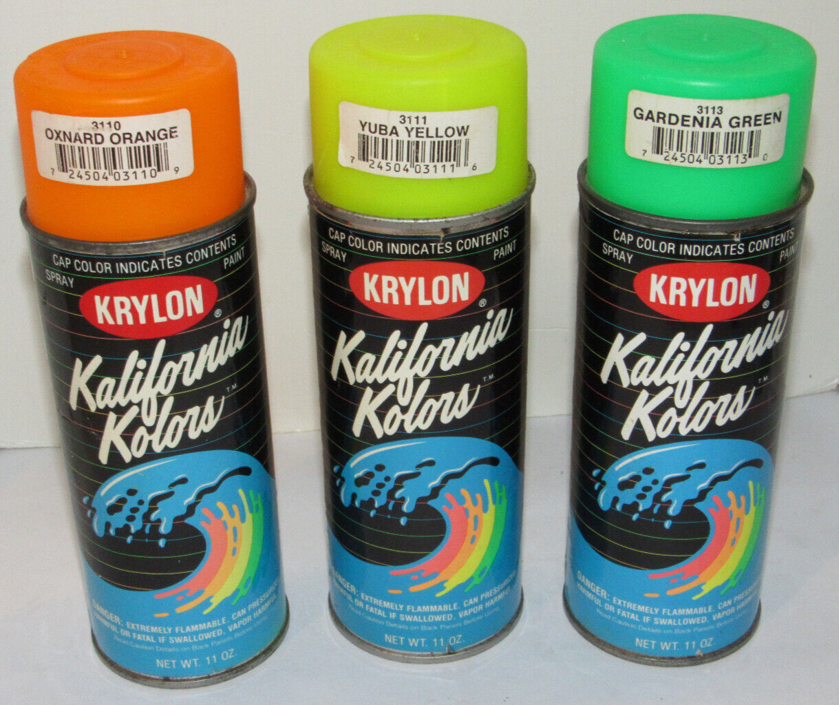 3 VINTAGE 1990s KRYLON 'KALIFORNIA KOLORS' SPRAY PAINT CANS ORANGE/YELLOW/GREEN