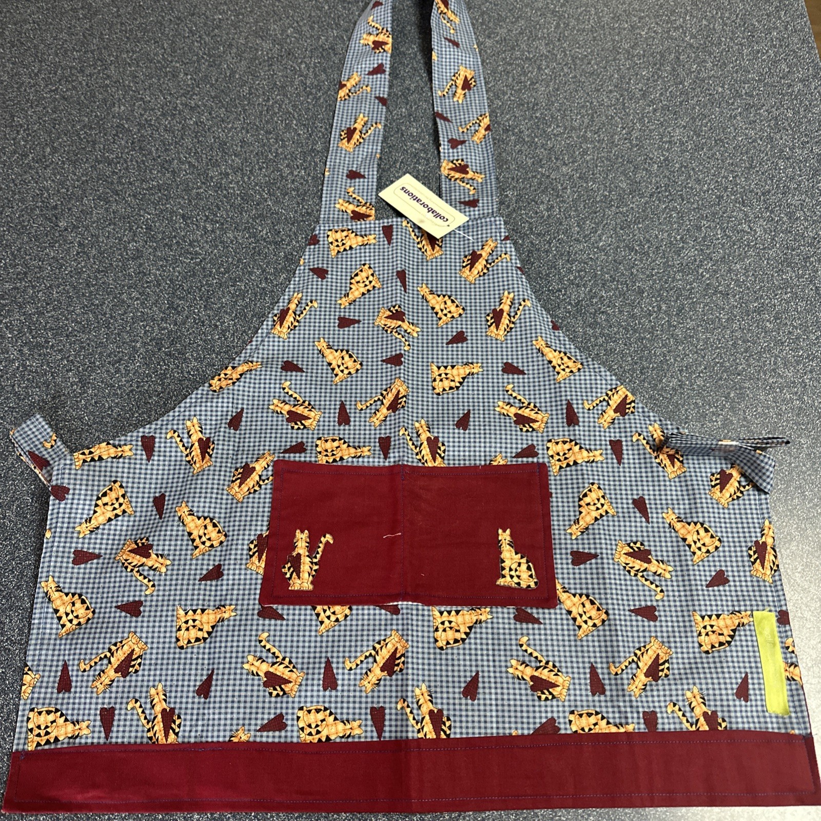 Handmade Kids Cat Heart Plaid Apron Maroon Pocket Gingham Blue Adjustable