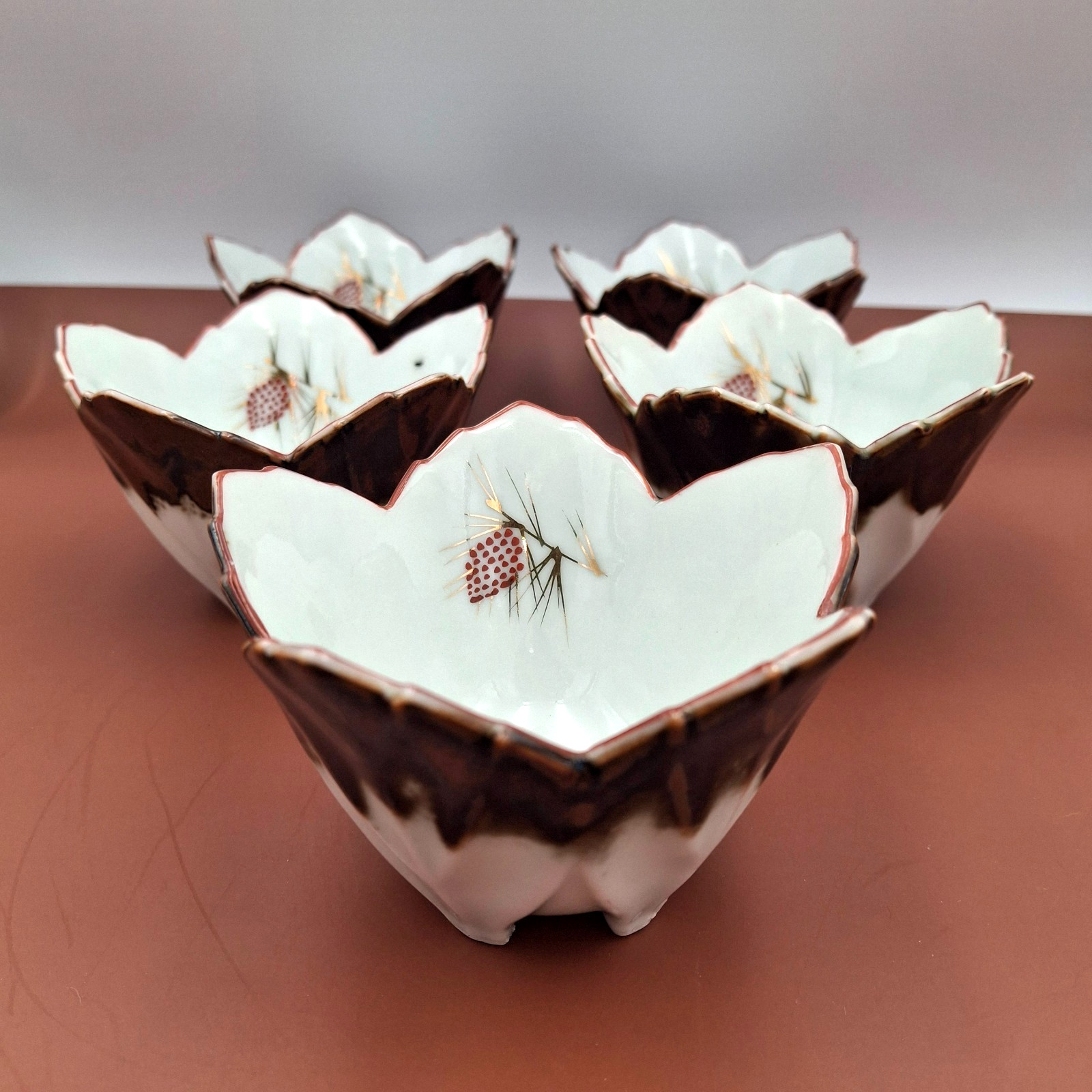 VTG Japanese Mukozuke Footed Bowls Scalloped Pinecone Mino Ware Style Set of 5 VTG Japanese Mukozuke Footed Bowls Scalloped Pinecone Mino Ware Style Set of 5