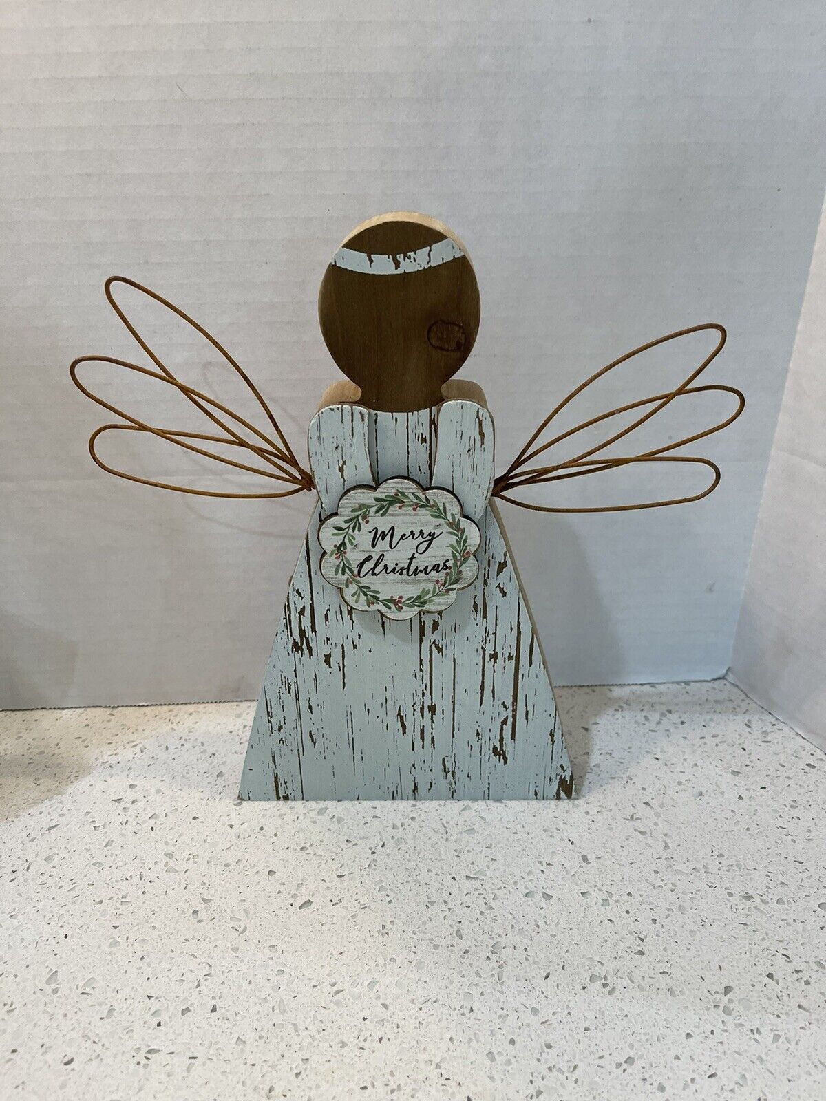 Merry Christmas Wooden Angel With Wire Wings