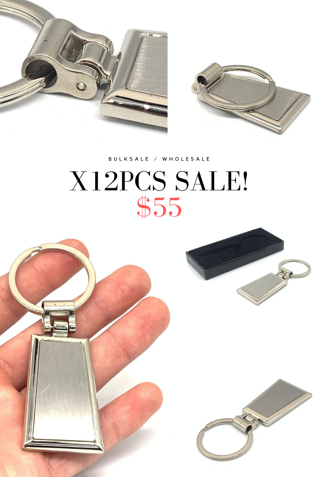 Square steel keychain blank polished engravable small keyring customizable x12pc