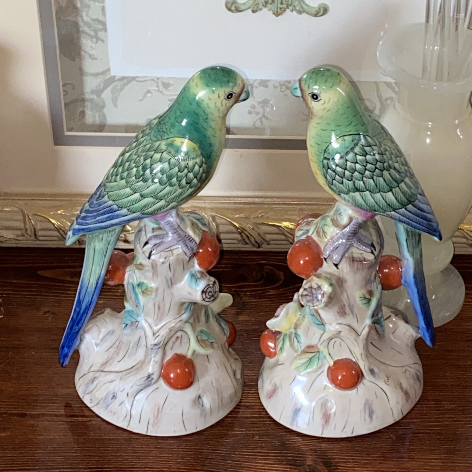 Vintage Andrea Sadek MCM Majolica Parrot Figurines Matched Pair