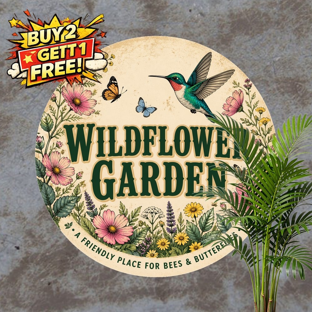 Charming Hummingbird Pink Wildflowers Round Metal Sign Garden Wall Art 8x8