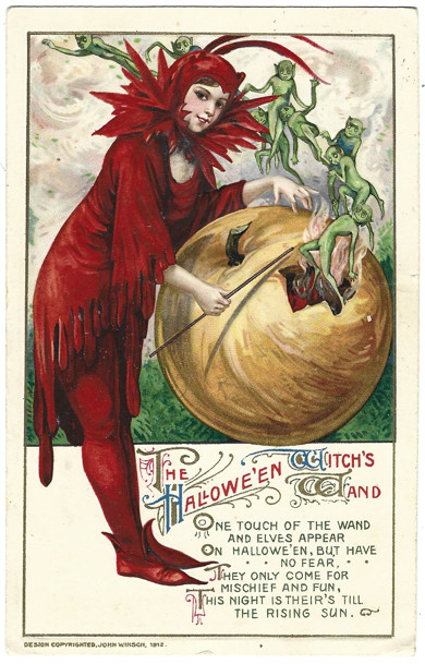 1916 Atq Winsch Halloween Postcard Red Witch\'s Wand Goblin Ghouls Pinata Posted