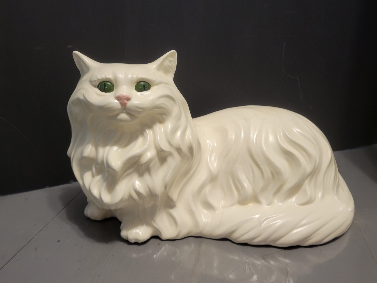 Vintage Large 15” MCM Persian White Cat Green Eyes Ceramic Art Figurine Statue Vintage Large 15” MCM Persian White Cat Green Eyes Ceramic Art Figurine Statue