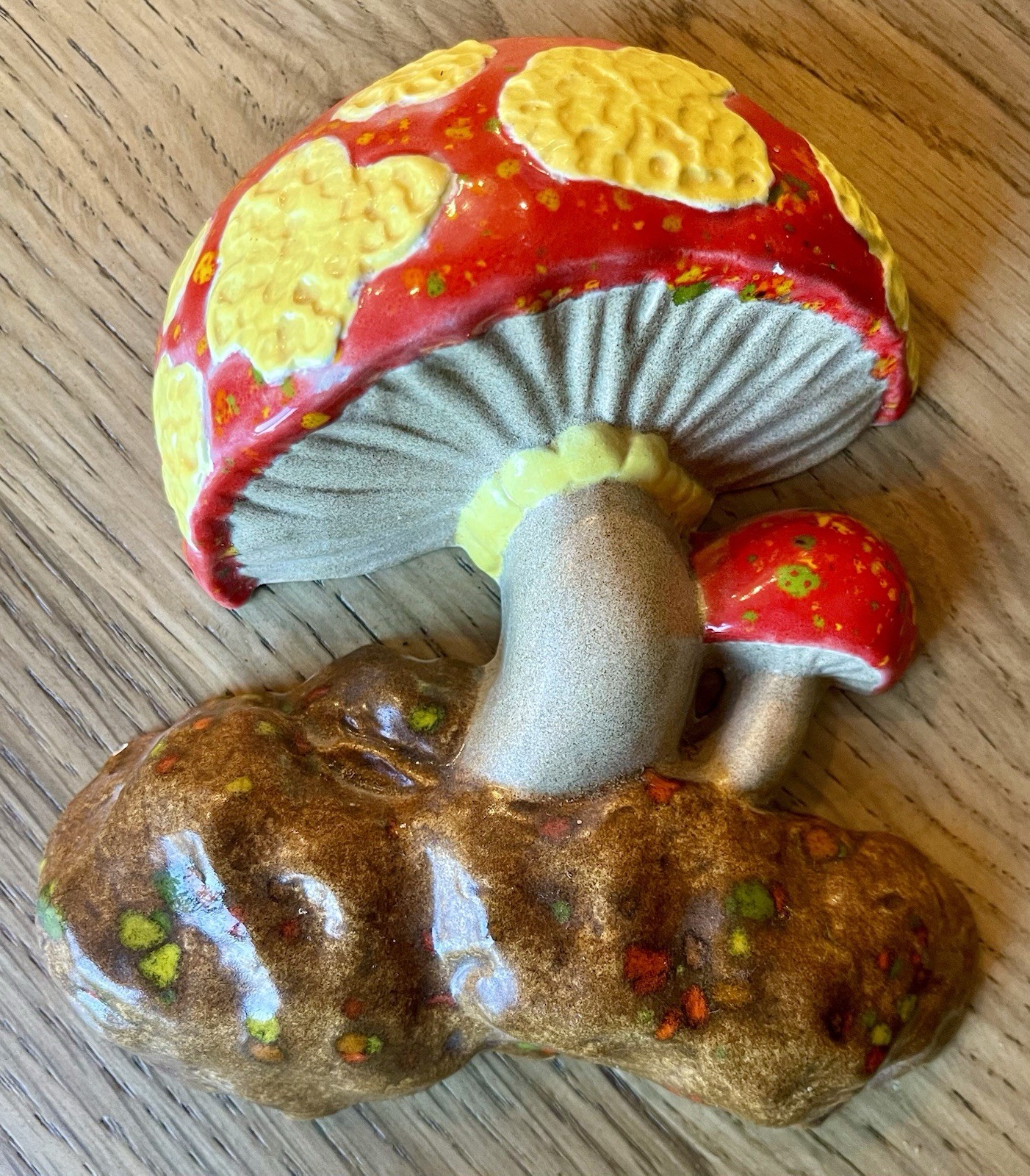 Vintage 1974 MCM Spotted Mushroom Ceramic Wall Decor Red Yellow Handmade