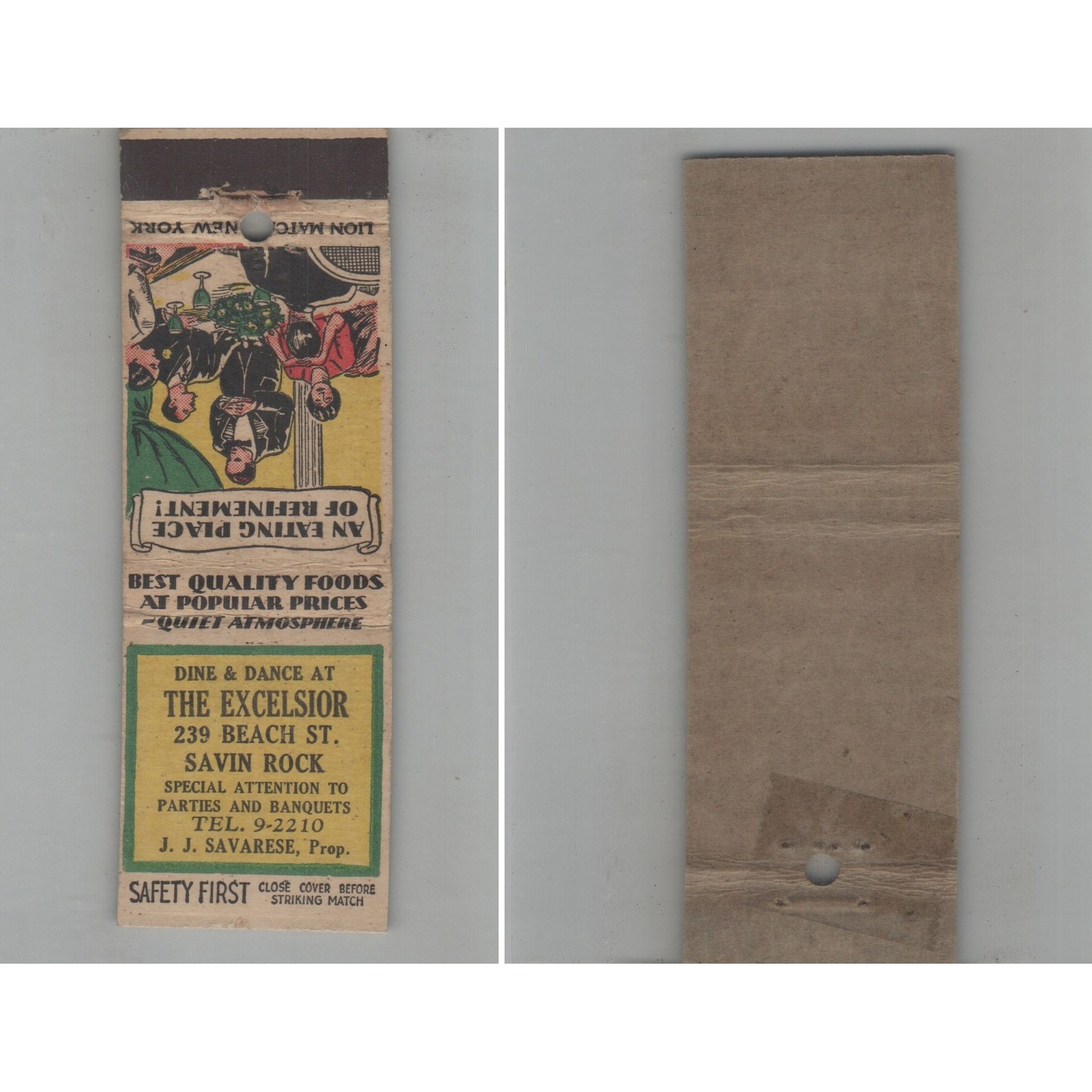 1920s Safety First Matchbook Cover The Excelsior Savin Rock