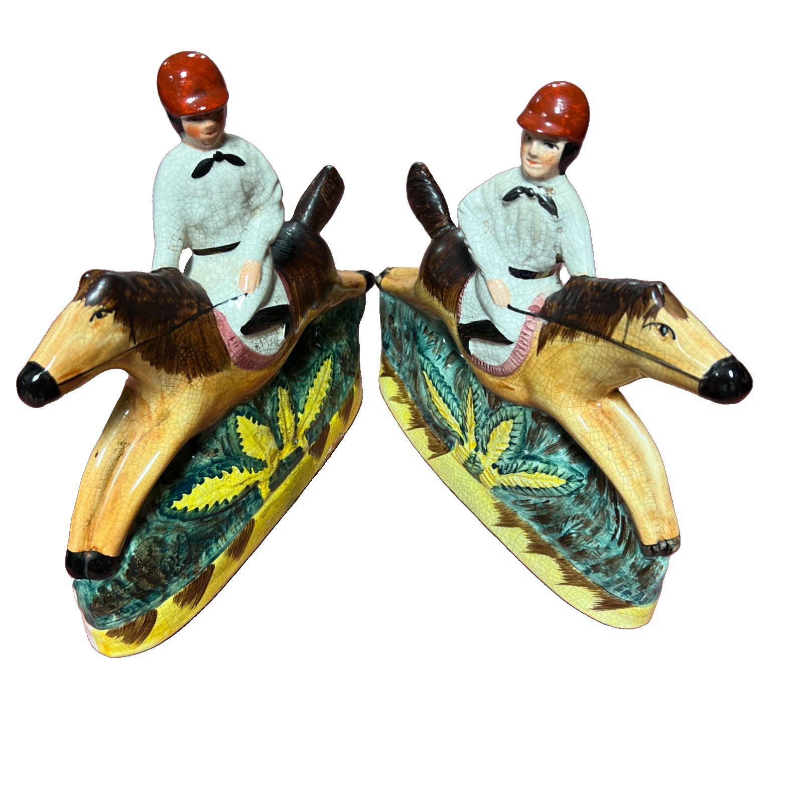 Antique Victorian Staffordshire Pottery Jockey Figurine Pair Mantel Flatback