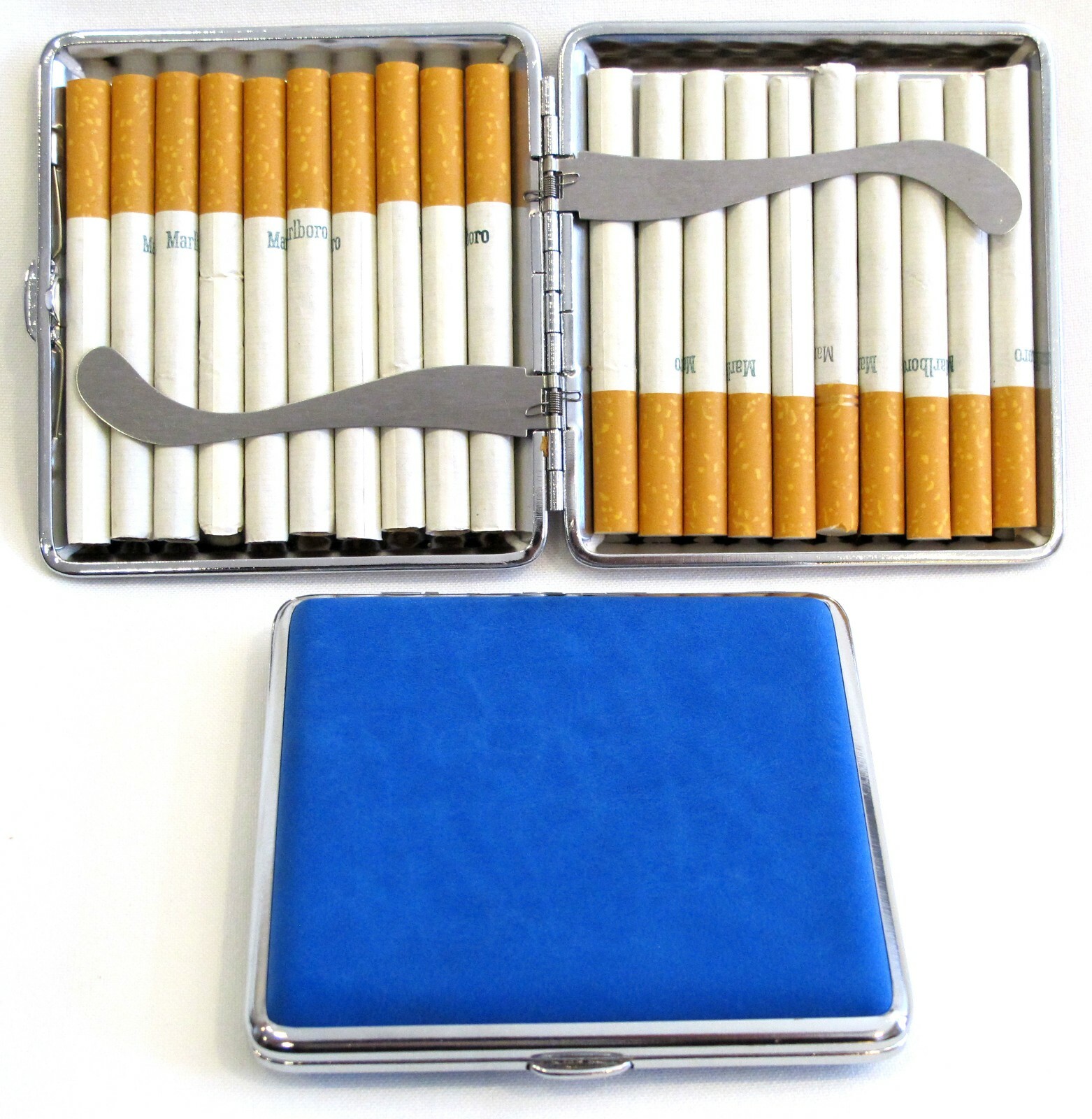 2pc Set Stainless Steel Cigarette Case Hold 20pc Regular Size 84s - BLUE + BLACK 2pc Set Stainless Steel Cigarette Case Hold 20pc Regular Size 84s - BLUE + BLACK