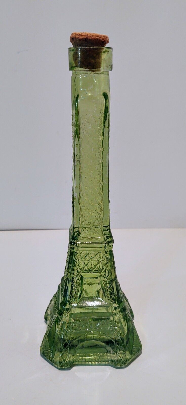 Vintage Green Glass Eiffel Tower Bottle/Decanter with Cork Stopper 