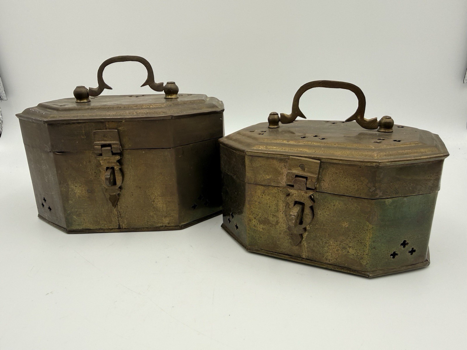 2 Vtg Brass Cricket Boxes Pierced Octagon Incense Jewelry Trinket Boxes w Handle 2 Vtg Brass Cricket Boxes Pierced Octagon Incense Jewelry Trinket Boxes w Handle