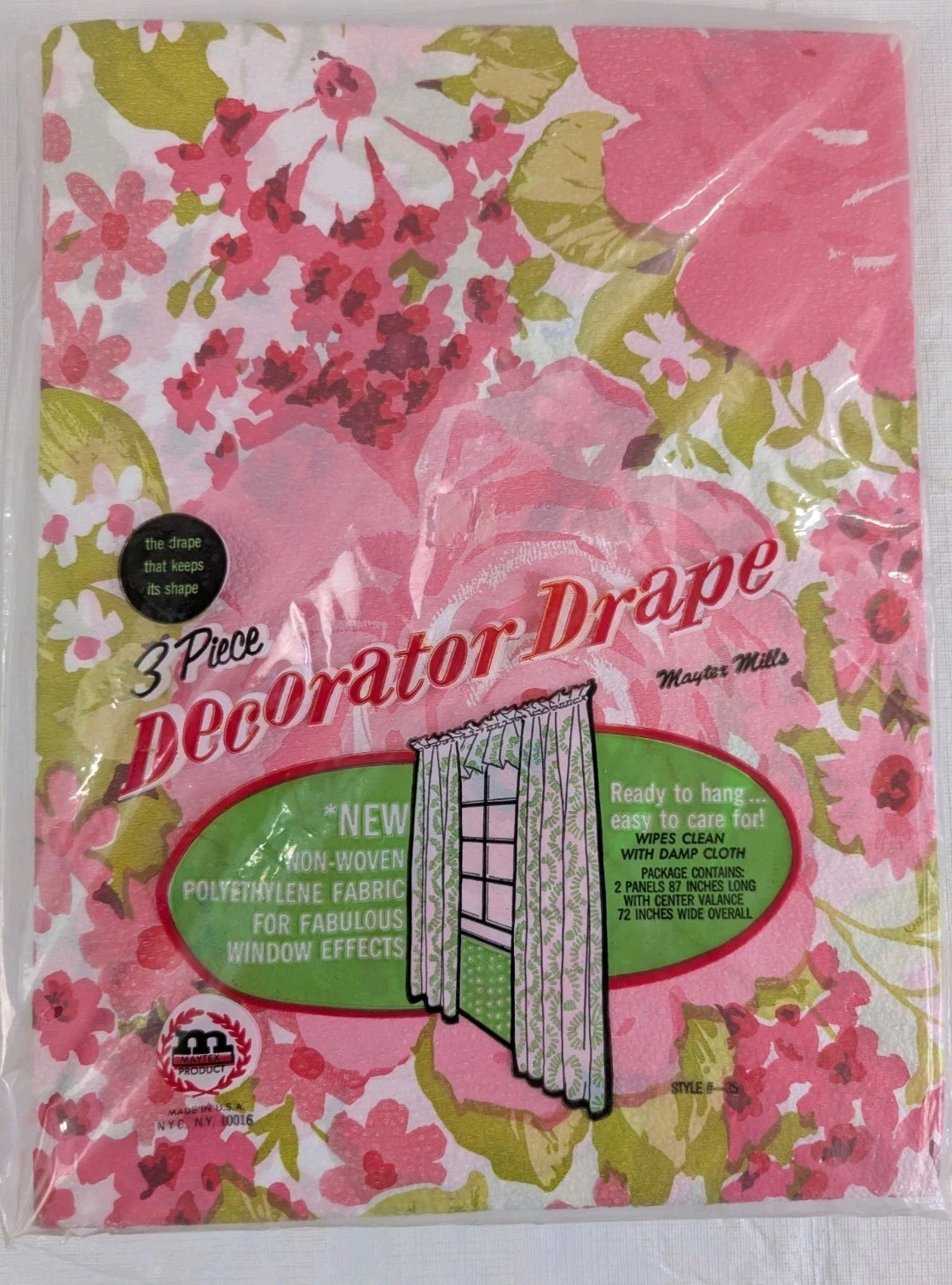 Vtg MCM Maytex Mills Three Piece Plastic Drape Curtains Pink Green Flowers NOS Vtg MCM Maytex Mills Three Piece Plastic Drape Curtains Pink Green Flowers NOS