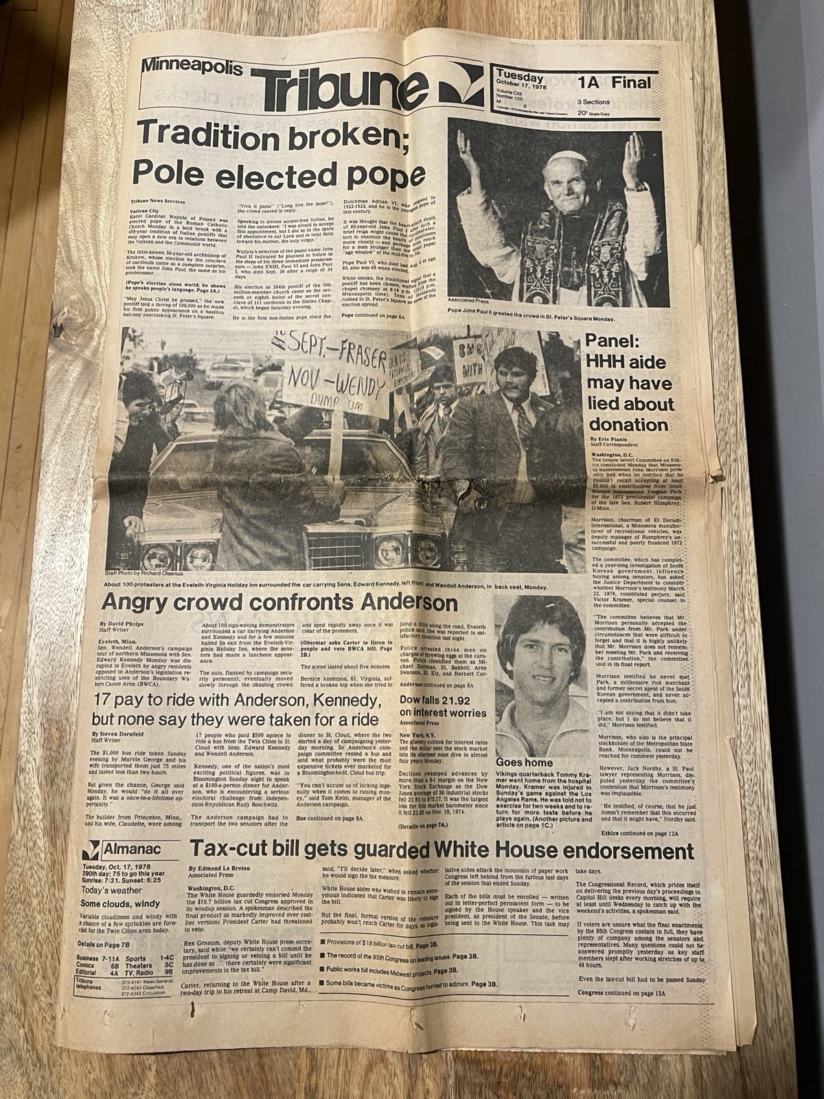 1978 October 17, Minneapolis Tribune Newspaper. Pope John Paul II.