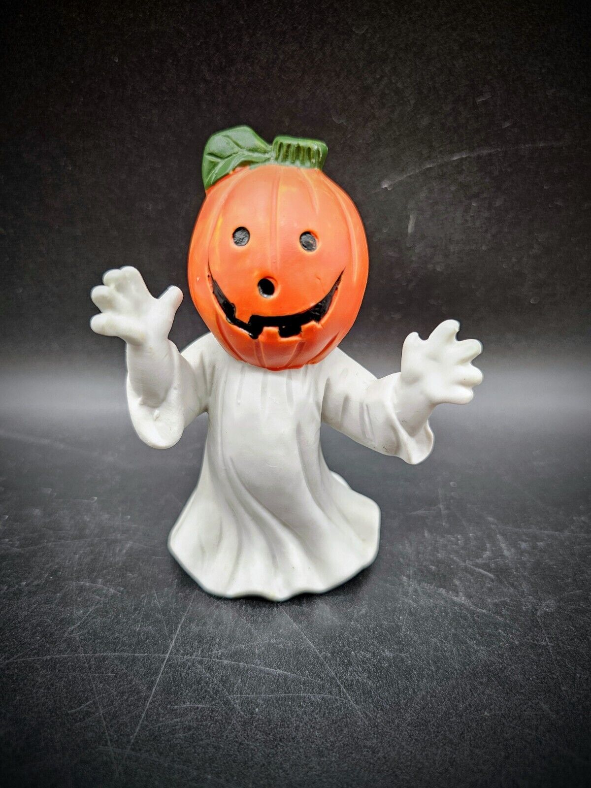 Vintage Pumpkin Jack O Lantern Ghost Halloween Ceramic Figurine Kitsch Scary 