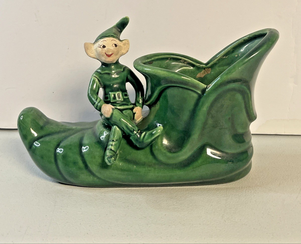 Treasure Craft Small Planter Green Pixie Elf Sprite Boot Shoe 1960s 5\