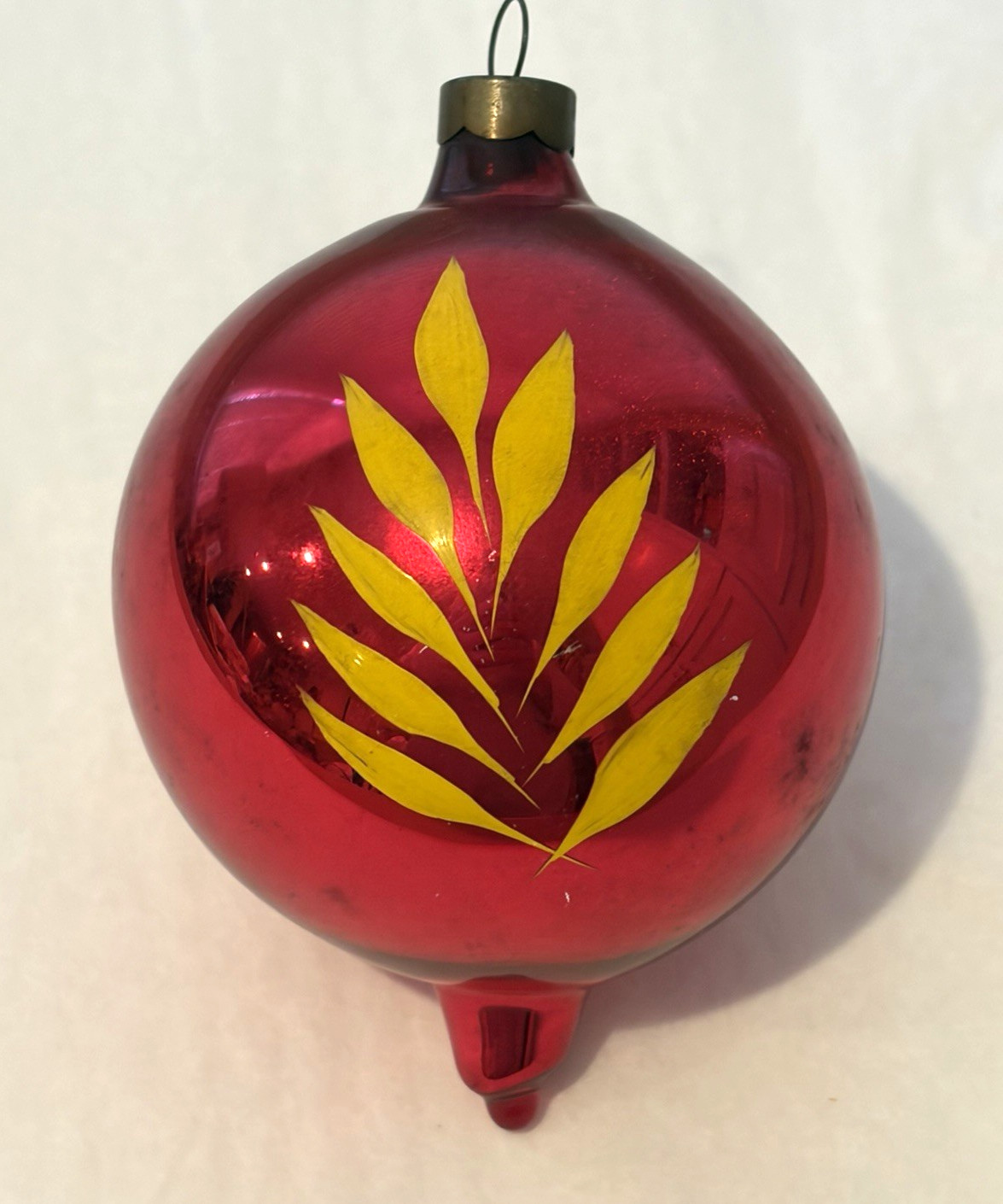 Vtg RARE Heim pre ww2 Blown & Handpainted RED DROP Ornament Mica Yellow Leaf  4\