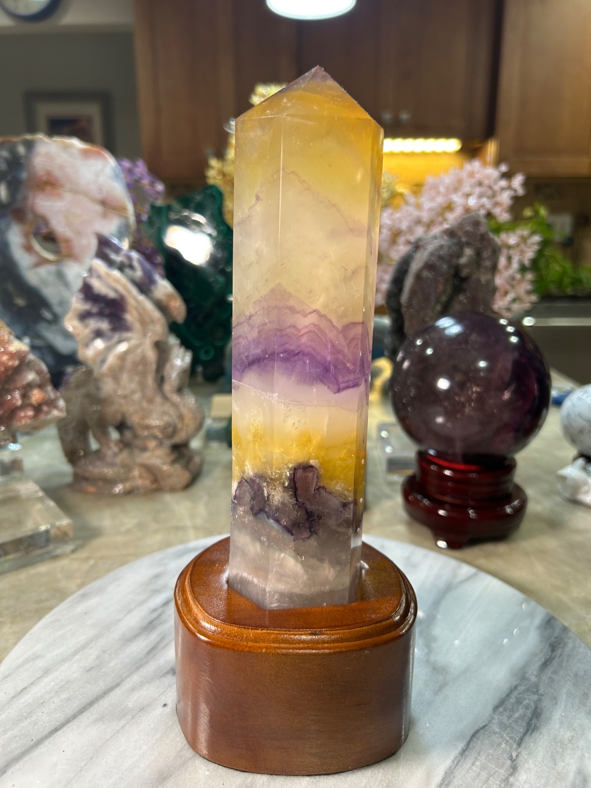 Candy Fluorite purple yellow tower with wood stand