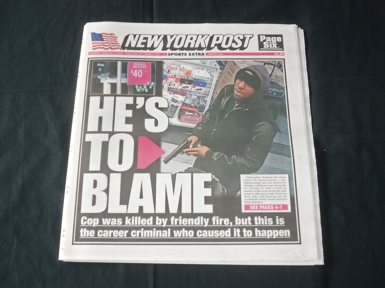 2019 FEBRUARY 14 NEW YORK POST NEWSPAPER - CHRISTOPHER RANSOM - HE\'S TO BLAME