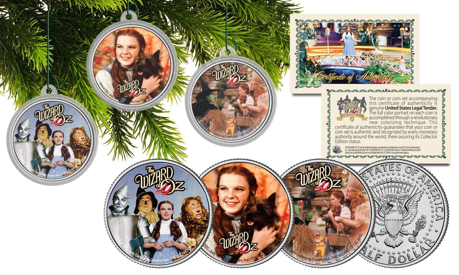 WIZARD OF OZ CHRISTMAS Colorized JFK Half Dollar U.S. 3-Coin Set Tree Ornaments