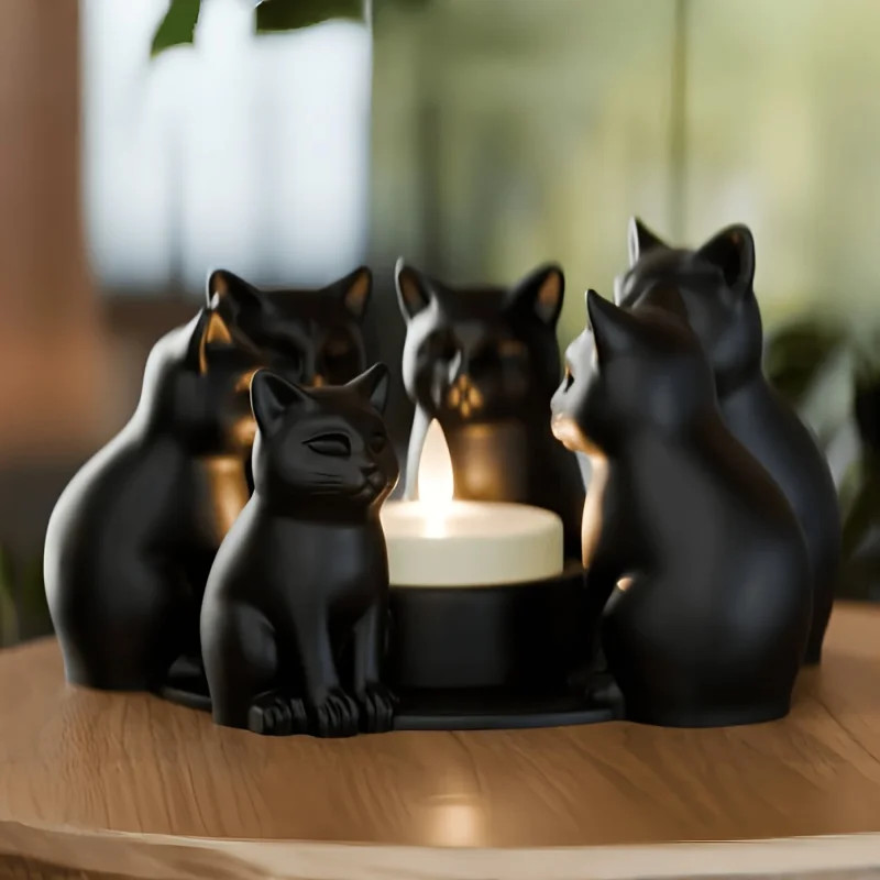 1Pc Black Cat Ring Shaped Candle Holder Kitten Ornament Home Bedroom Decor