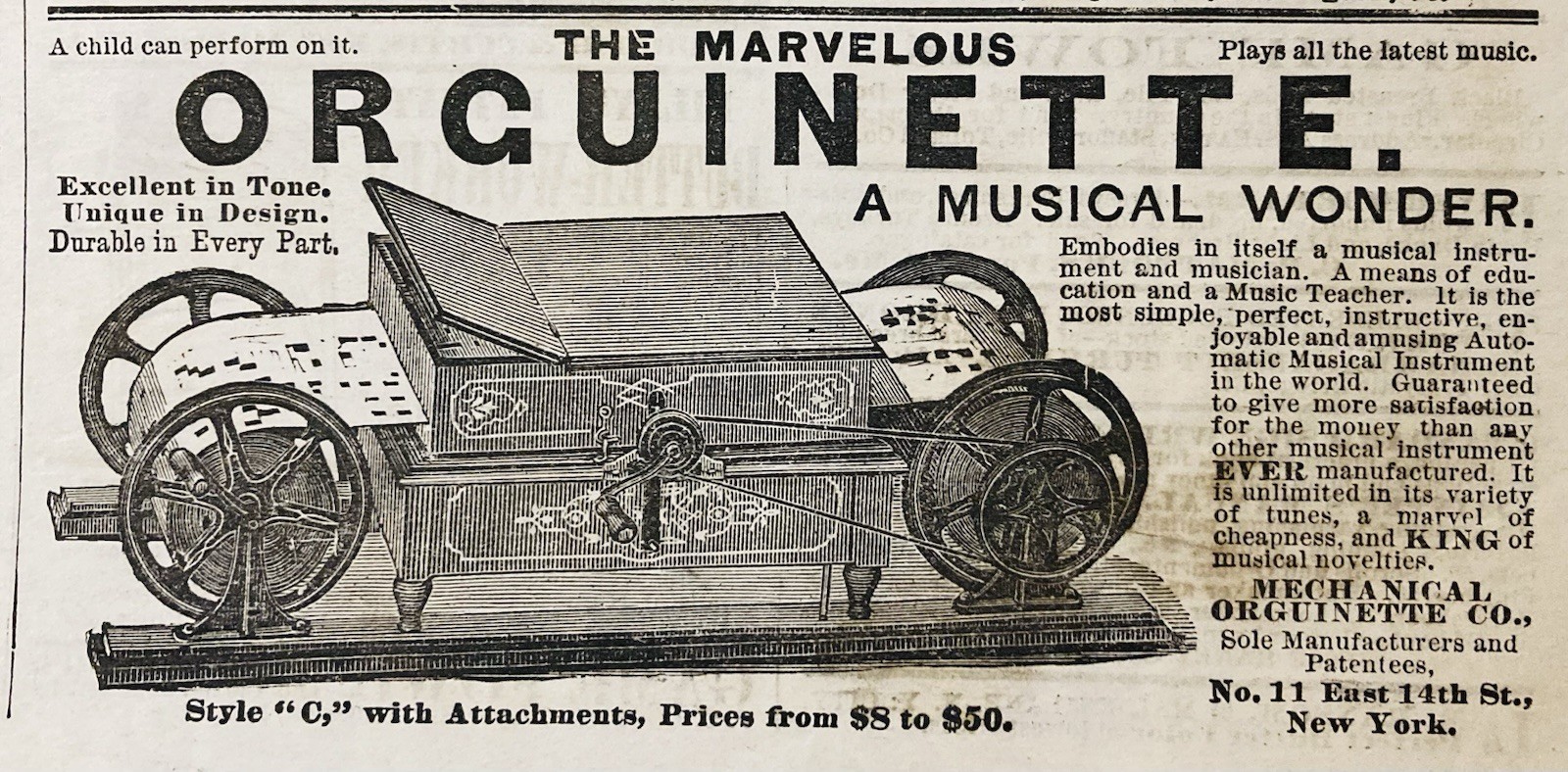 1879 AD.(XH87)~MECHANICAL ORGUINETTE CO. NYC. ORGUINETTE MUSICAL WONDER 1879 AD.(XH87)~MECHANICAL ORGUINETTE CO. NYC. ORGUINETTE MUSICAL WONDER