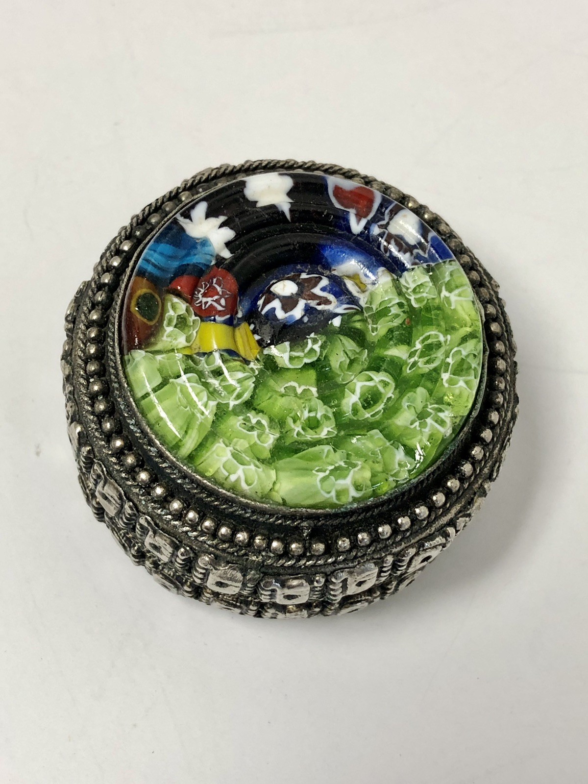 Millefiori Ornate Silver Tone Pillbox Size Trinket Box Vintage 2\