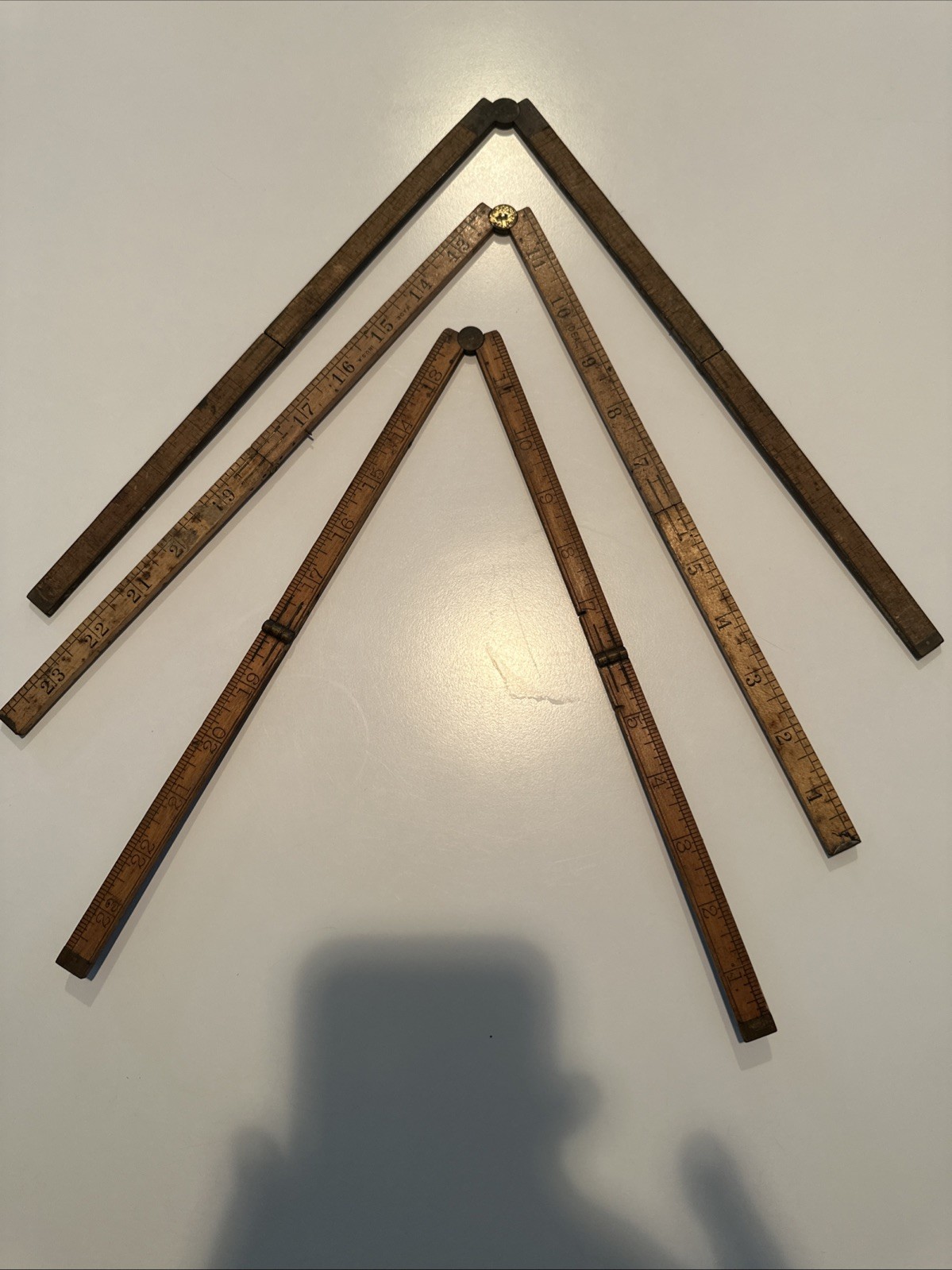 3 Vintage Antique Wood & Brass 2ft Four Fold Folding Ruler Lufkin, Ideal, Upson