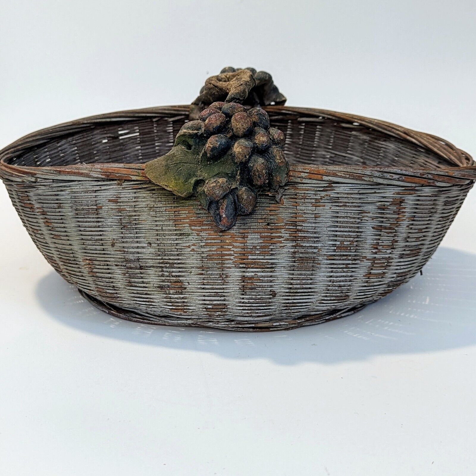 Vintage Antique Barbola Basket Gesso Grapes And Leaves Silver Painted Basket