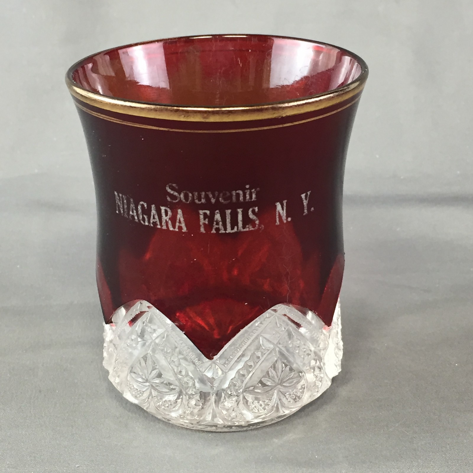 Antique Ruby Red Flashed Cut to Clear Souvenir Niagara Falls N.Y. Glass Tumbler