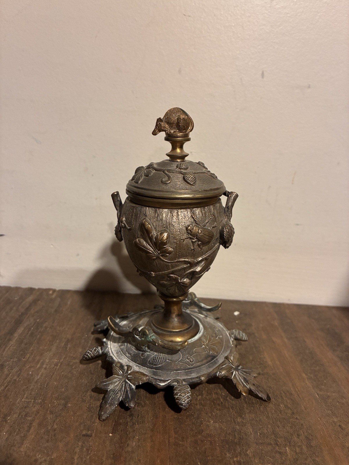 Antique Ornate French Lidded Vessel Inkwell with Rat Finial