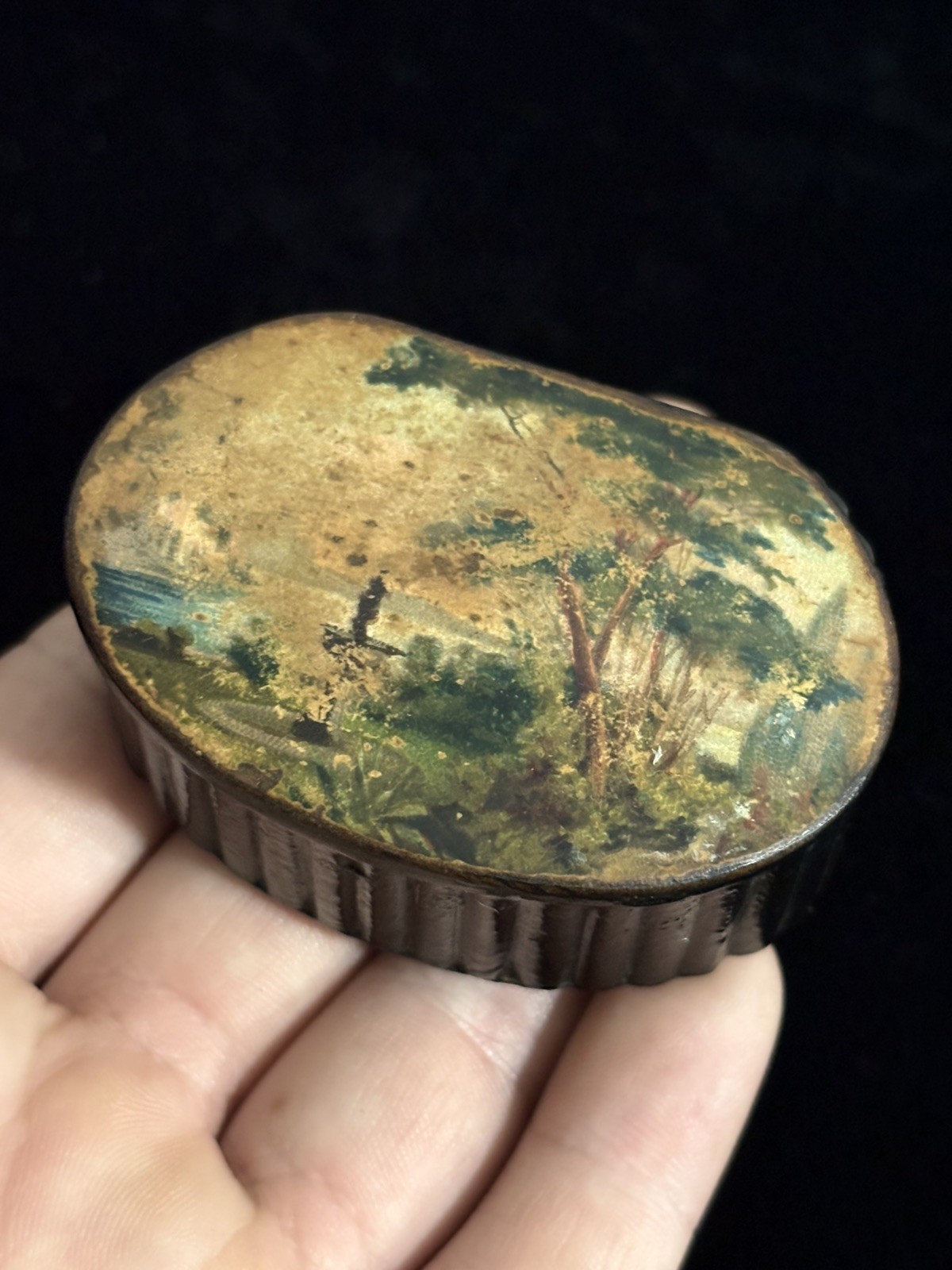 Antique Small Lidded Paper Mache Lacquer Snuff Box Rustic Folk Art Landscape