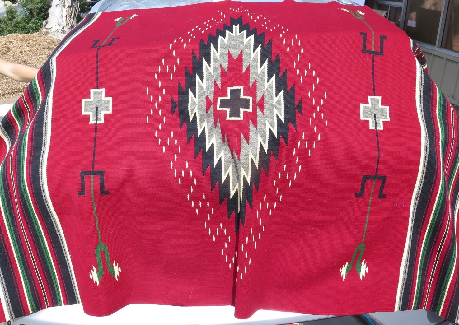 Large Vintage Handwoven Mexican Wool Rug in Red, Green, Beige, Grey 76