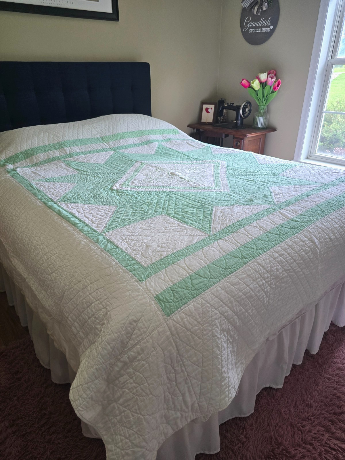 Vintage Mint Green Quilt 12 point Star Hand Quilted Hand Stitching Soft & Drapey Vintage Mint Green Quilt 12 point Star Hand Quilted Hand Stitching Soft & Drapey