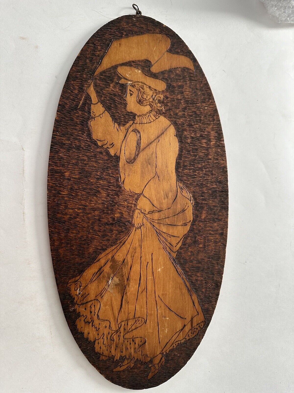Vintage Art Nouveau Wood Pyrography Oval Wall Plaque  Signed 1900 Victorian Lady