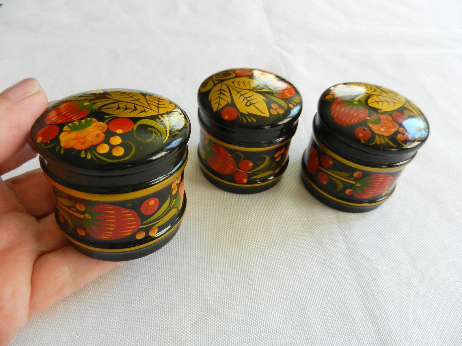 Set of 3 Khokhloma Wood Painted Barrel Canister Jar Folk Art Red Black Gold