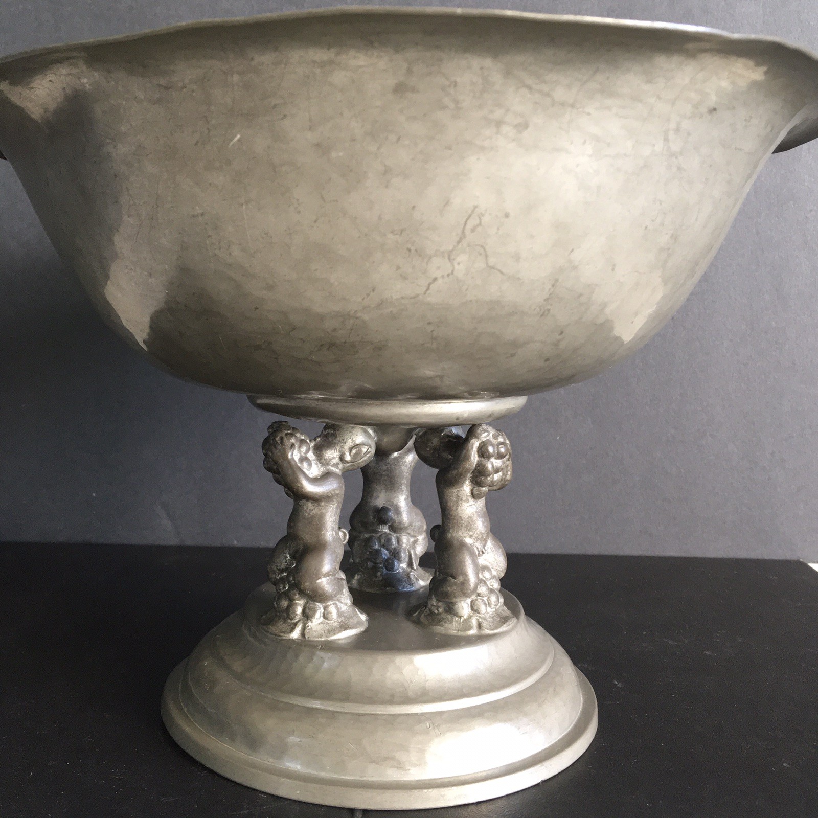 Antique M. W. Denmark Hand Hammered Pewter Centerpiece Pedestal  Fruit Bowl 7\