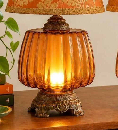 1 ( 2 avail) MASSIVE Vtg MCM  Hollywood Regency Amber Murano Glass Table Lamp