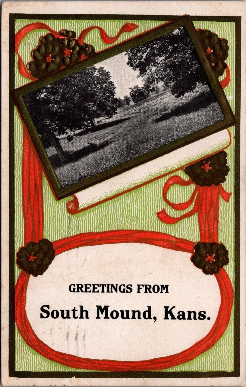 1913 Greetings From South Mound, Kansas Vintage Postcard Park Scene