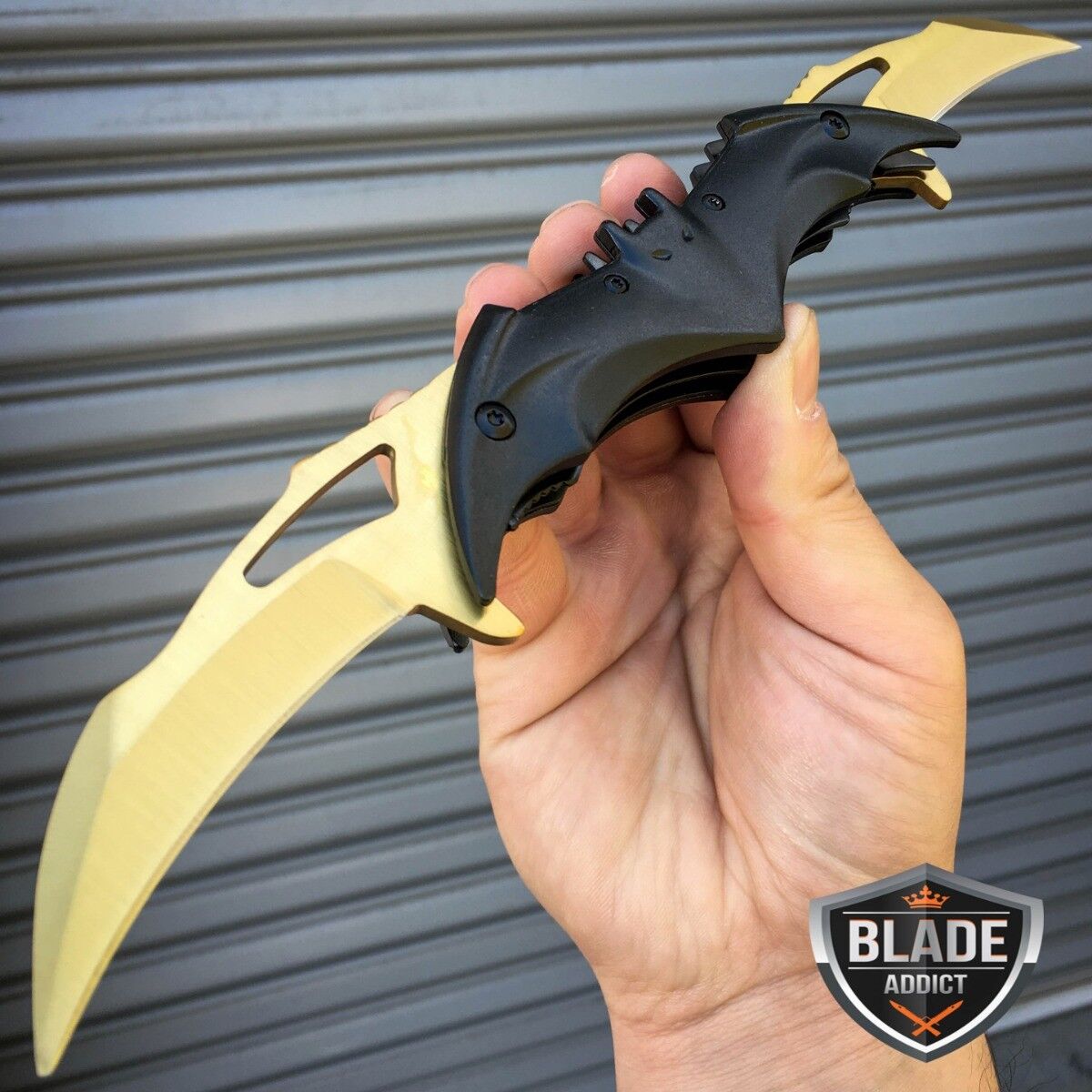 DARK KNIGHT SPRING ASSISTED DUAL BLADE BATMAN TACTICAL FOLDING KNIFE GOLD NEW