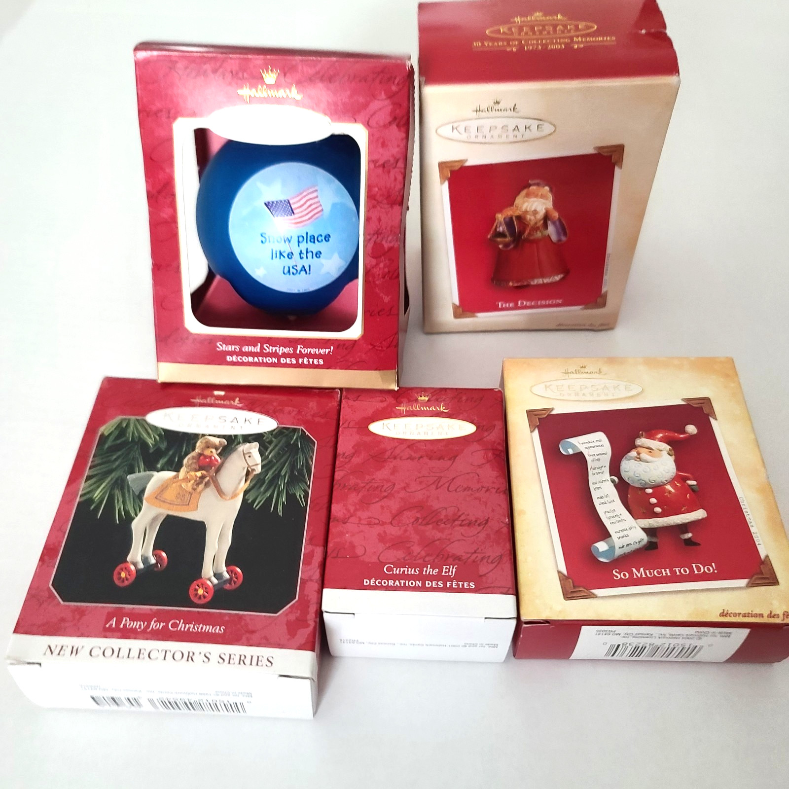 Hallmark Keepsake Ornaments Lot of 5-Curius the Elf, 2 Santas, Pony, USA Snowman