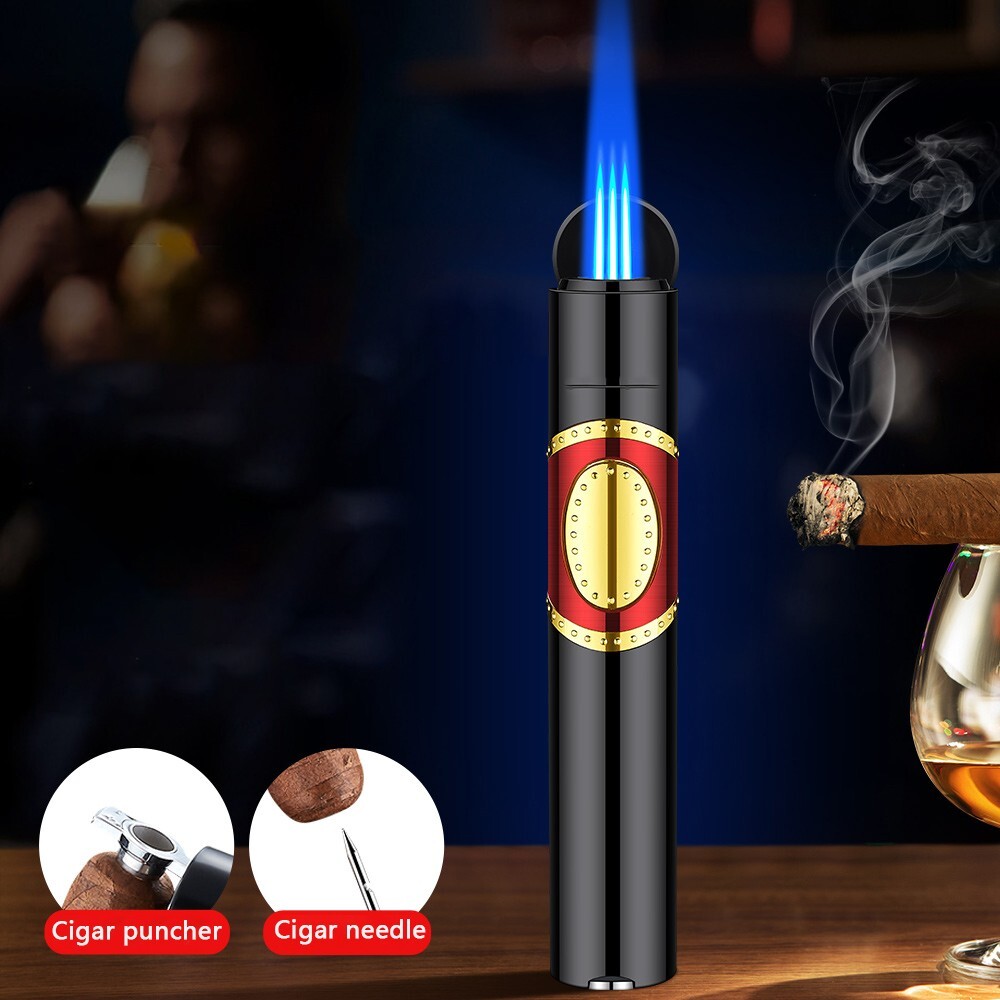 Cigar Shaped Triple Flame Butane Torch Lighter With Cigar Punch And Cigar Needle