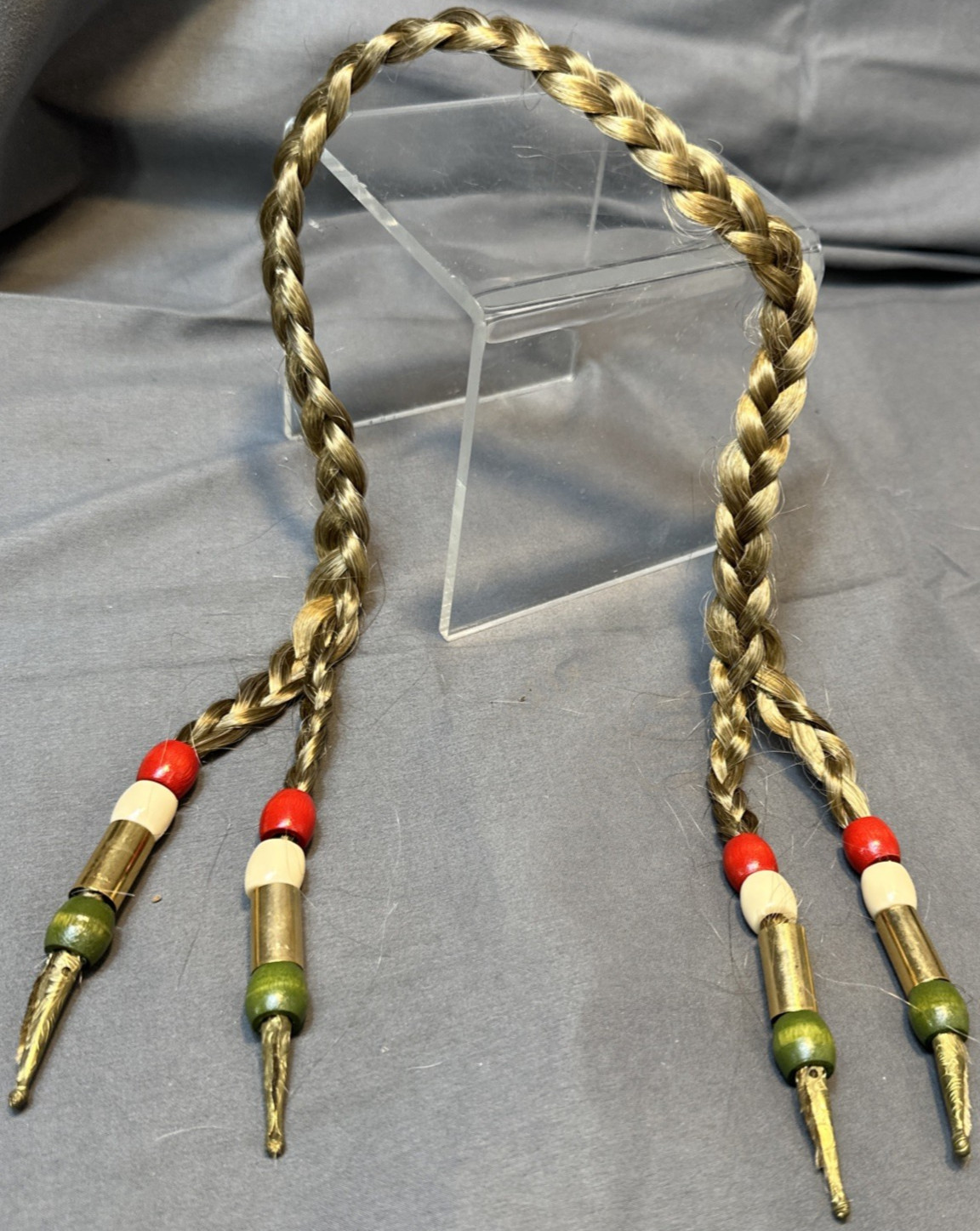 Vintage Native American Human Hair Braid Hair Drop Brass Cones Trade Beads
