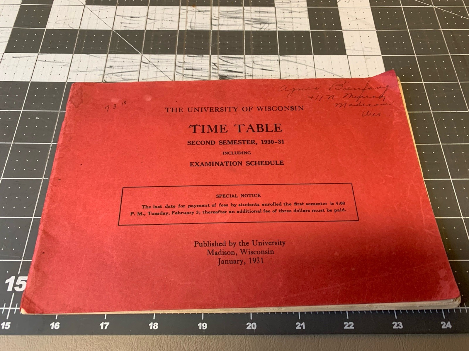 1931 University of Wisconsin Badgers UW Exam Schedule First Semester Time Table