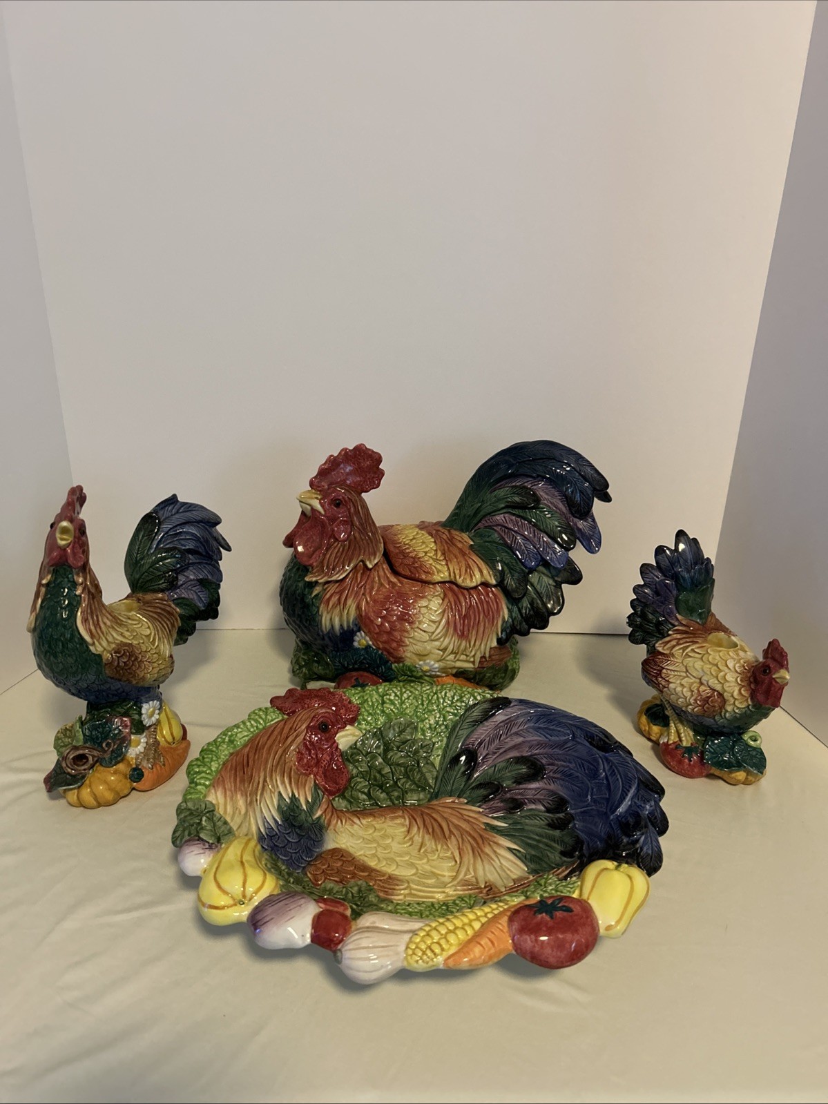 Fitz and Floyd Chickens Platter Cookie Jar and Candle Stick Holder Set Ceramic