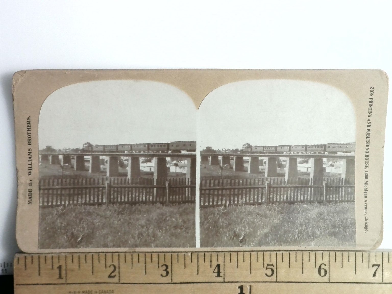 Railroad Train on Bridge Stereoview Williams Brothers Zion Printing 1900s